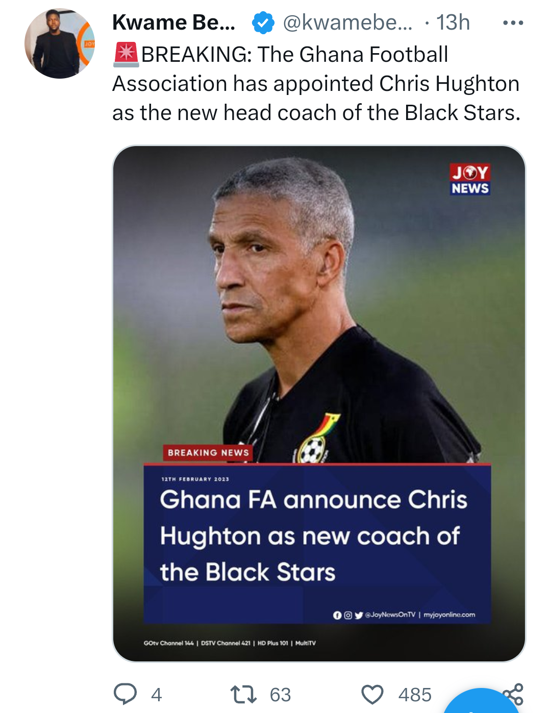 Former Brighton manager Chris Hughton appointed New Black Stars of Ghana Head Coach