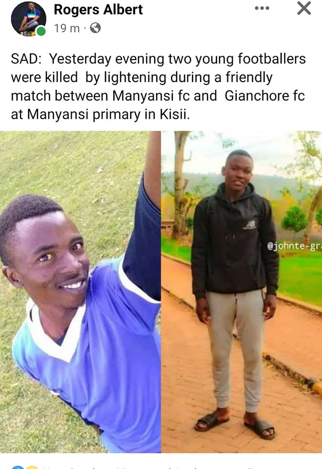 Two footballers die after being struck by lightning during match in Kenya