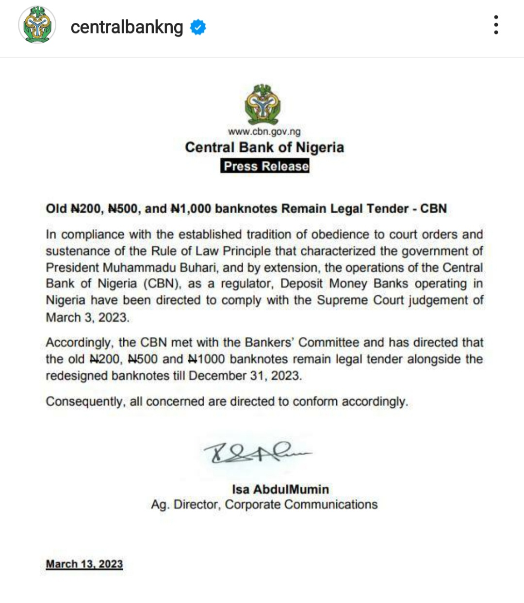 CBN directs banks to dispense and receive old N200, N500 and N1000 notes
