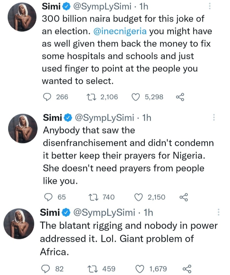 Election budget should have been used to fix hospitals and schools ? Singer Simi says as she calls out INEC