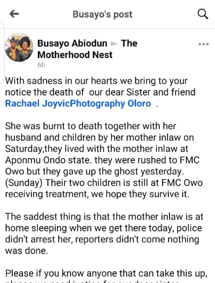 Tragedy in Ondo as 75-year-old woman sets her son, daughter-law and two grandchildren ablaze