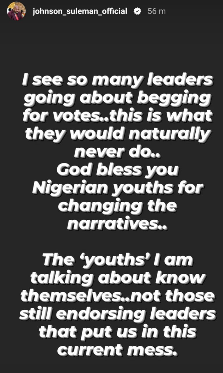 This is what they would naturally never do. God bless Nigerian youths for changing the narrative - Apostle Suleman reacts to new trend of politicians going about to canvass for votes
