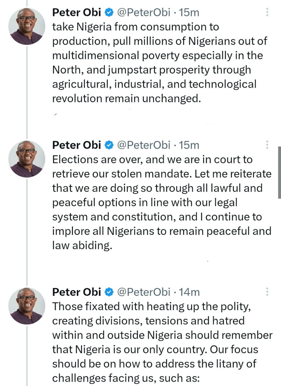 The audio call being circulated is fake, and at no time throughout the campaign and now did I imply that the 2023 election is or was a religious war - Peter Obi