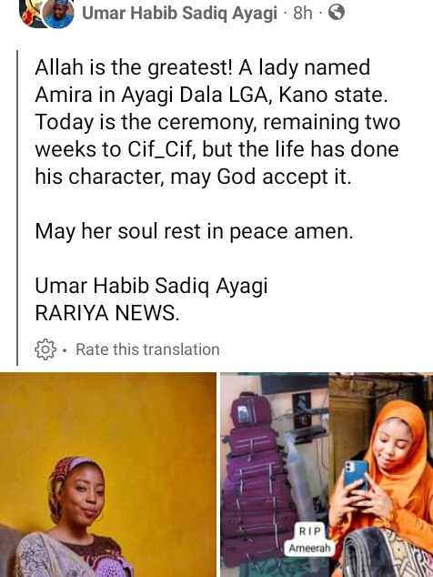 Young woman dies two weeks to her wedding in Kano