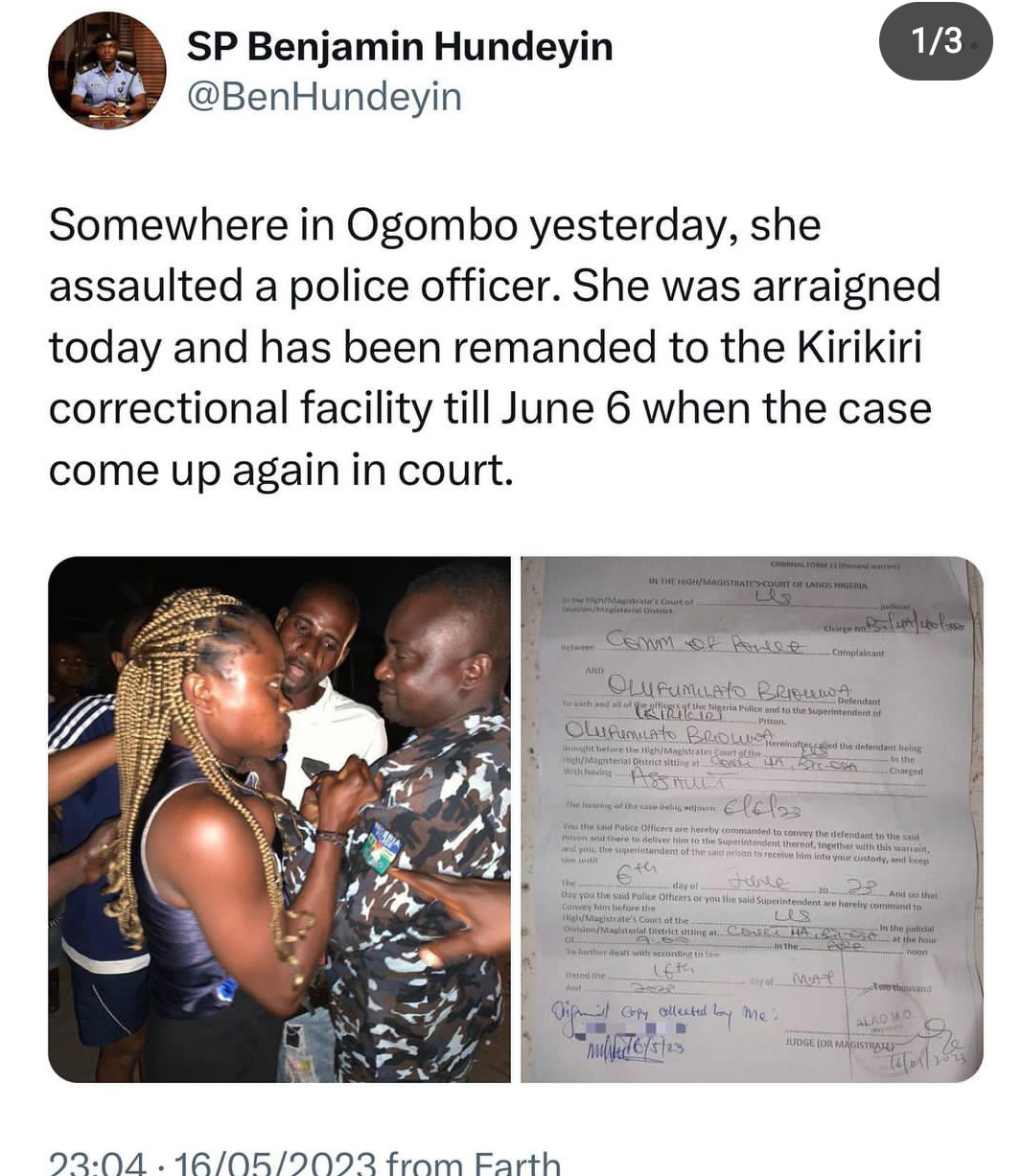 Lady remanded in Kirikiri prison for assaulting police officer